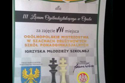 Jesteśmy 7 szkołą w Polsce w Ogólnopolskiej Licealiadzie w Szachach Drużynowych 