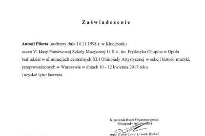 Olimpiada Artystyczna 2016/2017 w dziale muzyki 