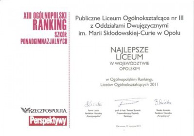 XI Ogólnopolski Ranking Szkół Ponadgimnazjalnych 2011