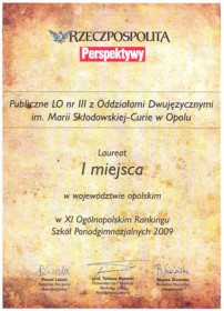 XI Ogólnopolski Ranking Szkół Ponadgimnazjalnych 2009